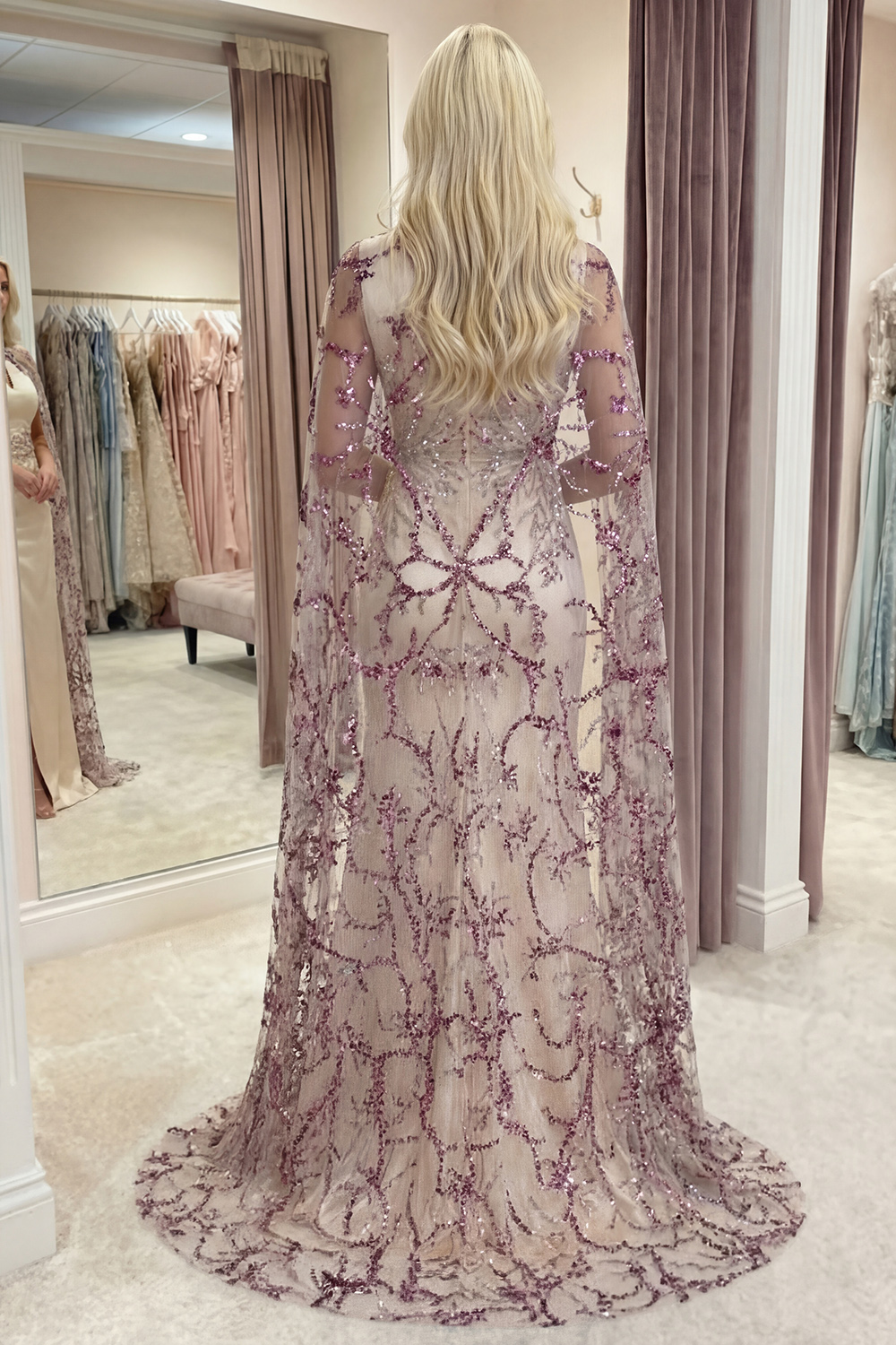 Sparkly Ivory Mermaid Long Sequin Satin Gala Dress with Cape