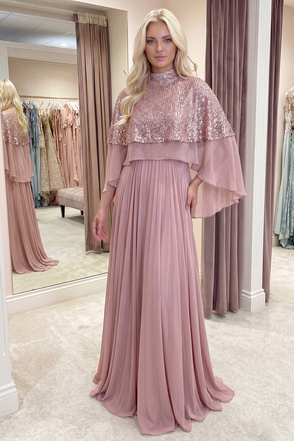 Sparkly Dusty Rose Long Sequin High Neck A Line GalaDress with Cape