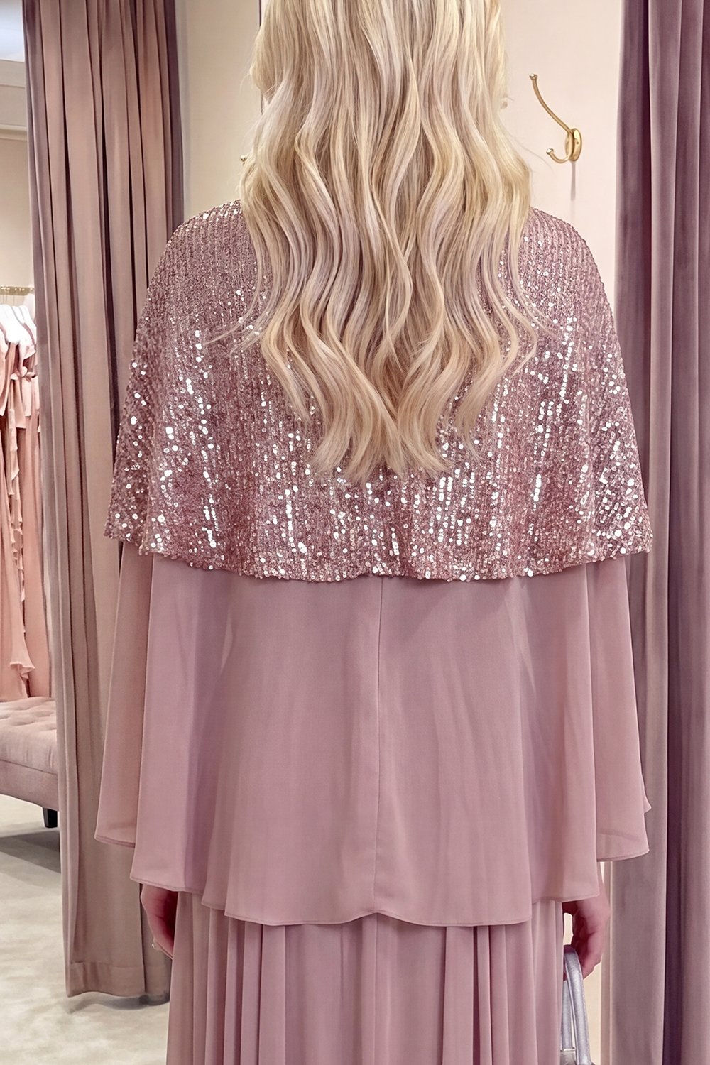 Sparkly Dusty Rose Long Sequin High Neck A Line GalaDress with Cape
