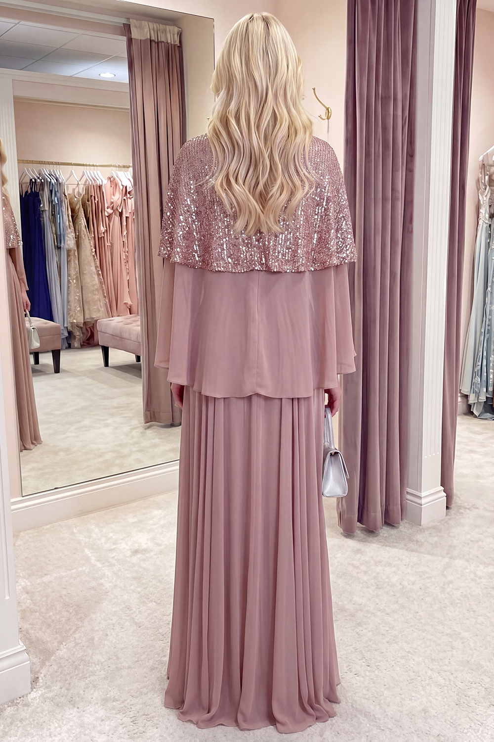 Sparkly Dusty Rose Long Sequin High Neck A Line GalaDress with Cape