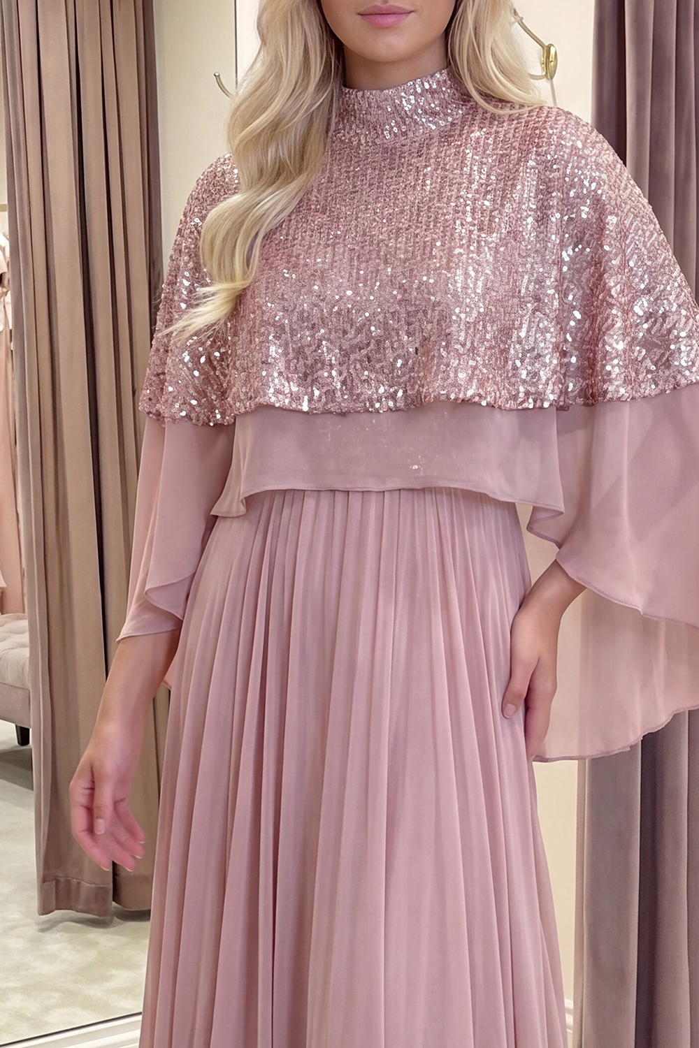 Sparkly Dusty Rose Long Sequin High Neck A Line GalaDress with Cape