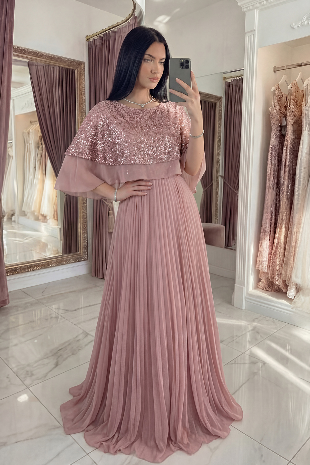 Sparkly Dusty Rose Long Sequin High Neck A Line GalaDress with Cape