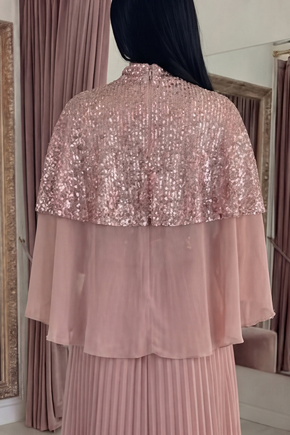 Sparkly Dusty Rose Long Sequin High Neck A Line GalaDress with Cape