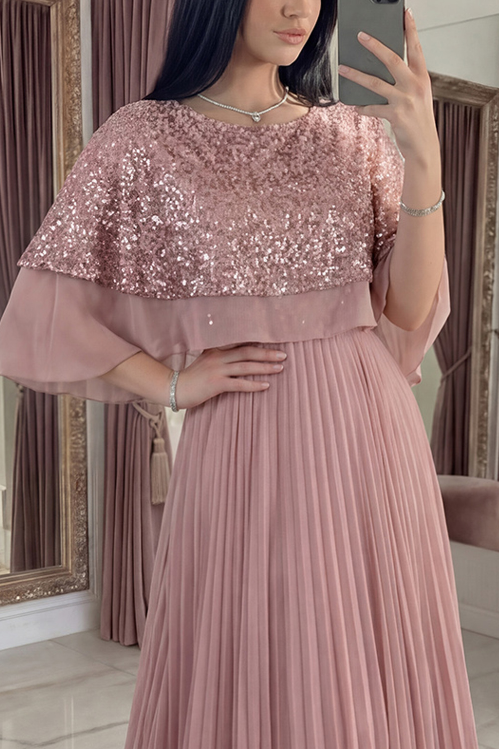 Sparkly Dusty Rose Long Sequin High Neck A Line GalaDress with Cape