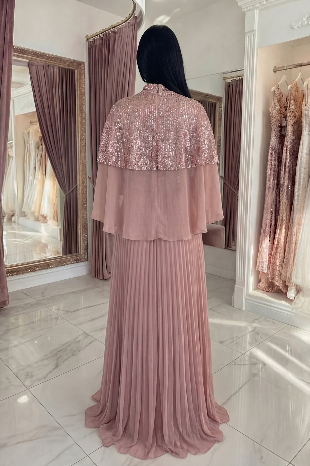 Sparkly Dusty Rose Long Sequin High Neck A Line GalaDress with Cape