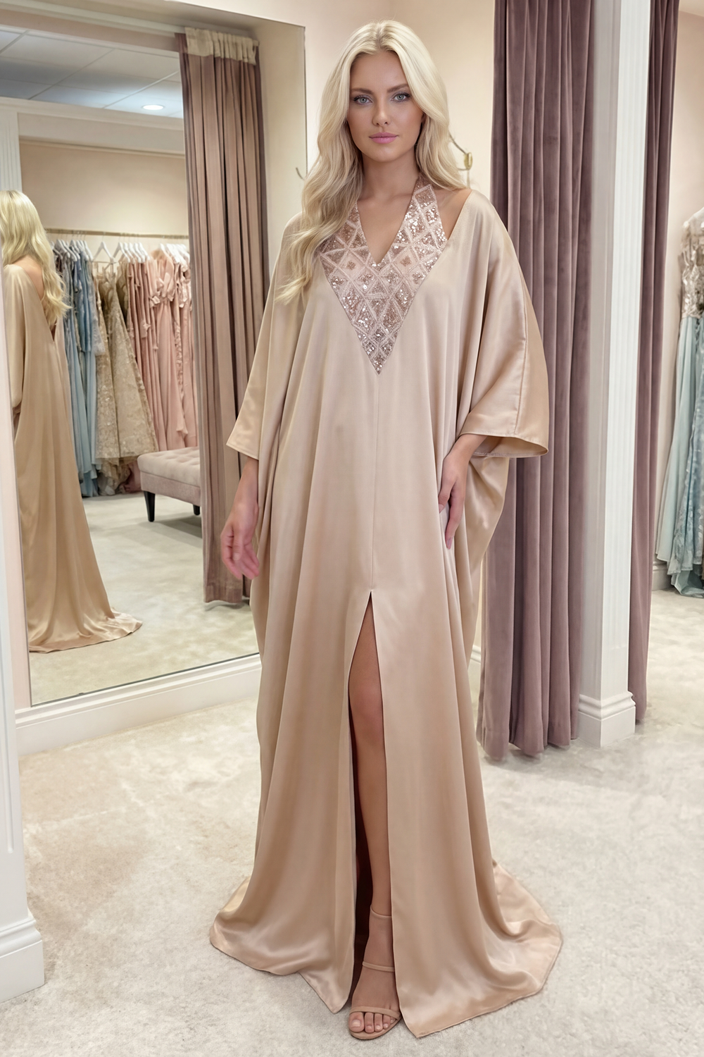 Sparkly Champagne Sequin Long Satin Halter Gala Dress with Slit