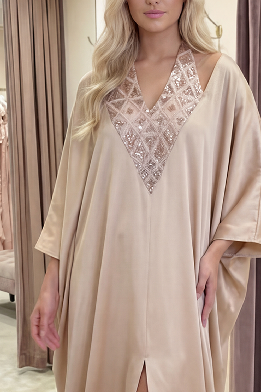 Sparkly Champagne Sequin Long Satin Halter Gala Dress with Slit