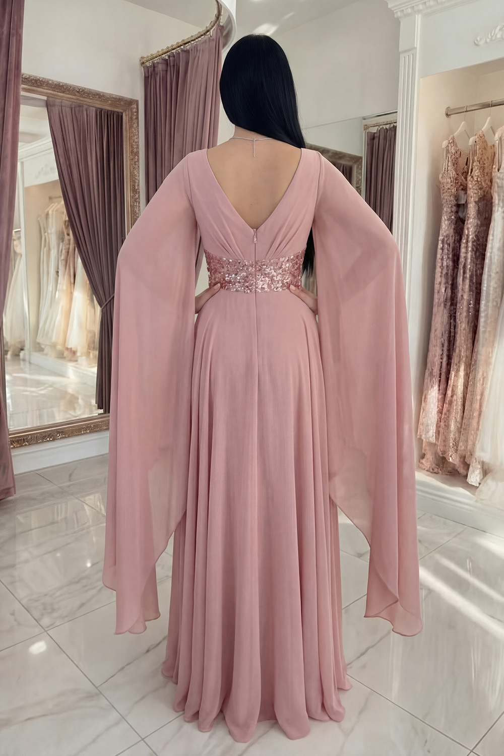 Sparkly Dusty Rose V-Neck A Line Long Sequin Gala Dress with Cape