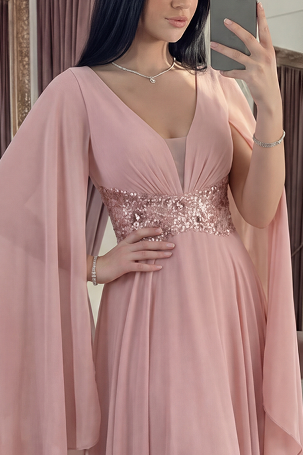 Sparkly Dusty Rose V-Neck A Line Long Sequin Gala Dress with Cape