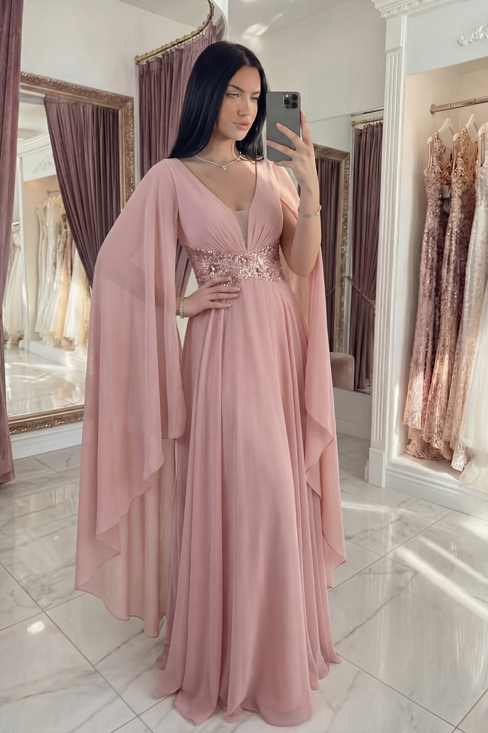 Sparkly Dusty Rose V-Neck A Line Long Sequin Gala Dress with Cape