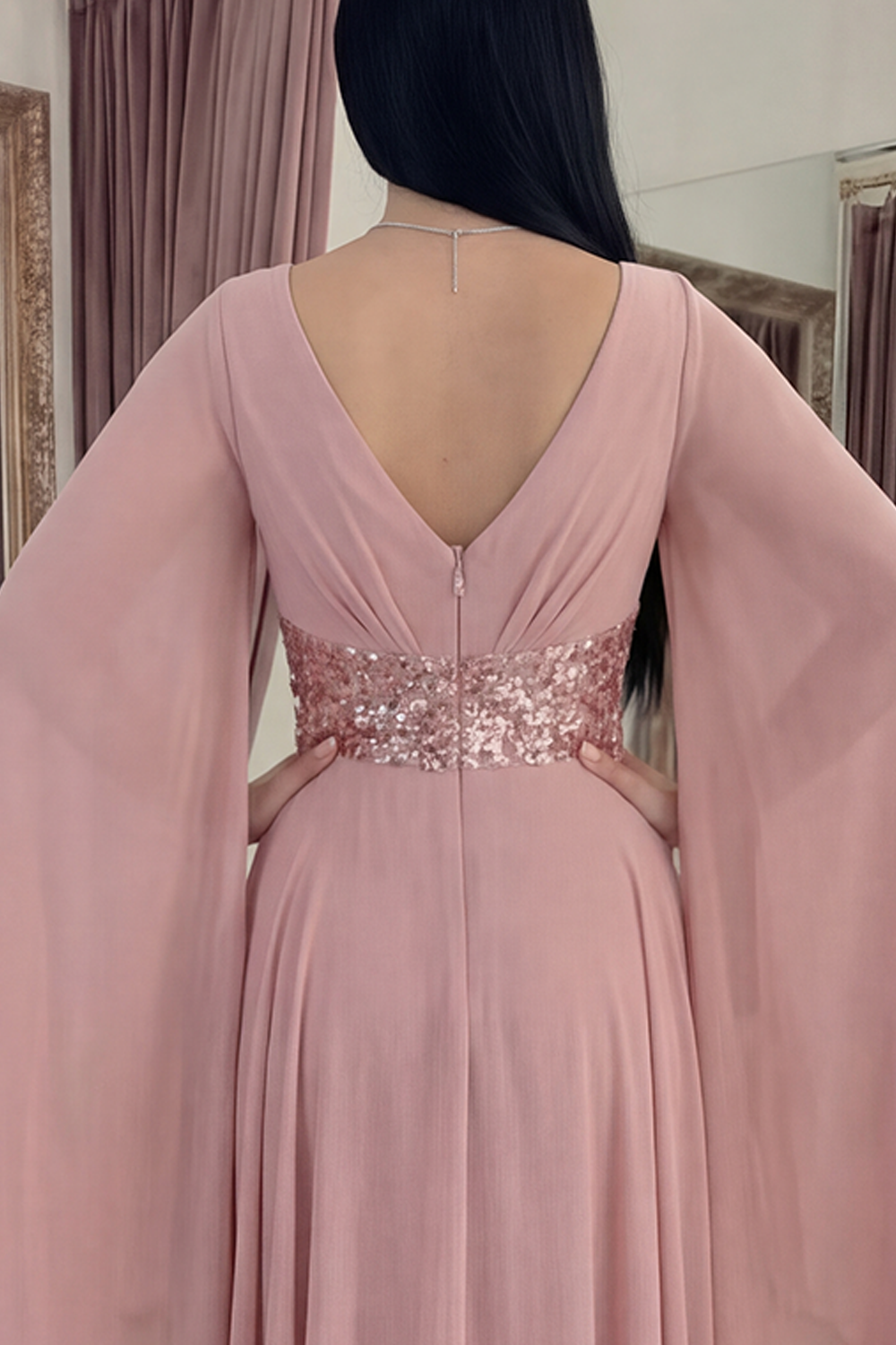 Sparkly Dusty Rose V-Neck A Line Long Sequin Gala Dress with Cape