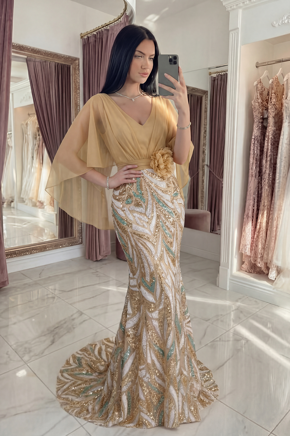 Sparkly Champagne Sequin Mermaid Long Gala Dress with 3D Flower