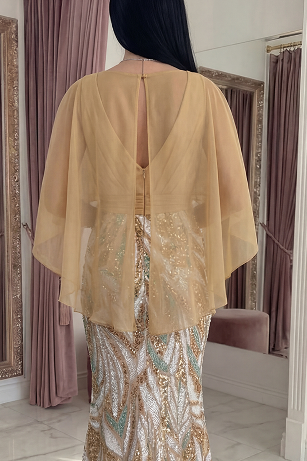 Sparkly Champagne Sequin Mermaid Long Gala Dress with 3D Flower