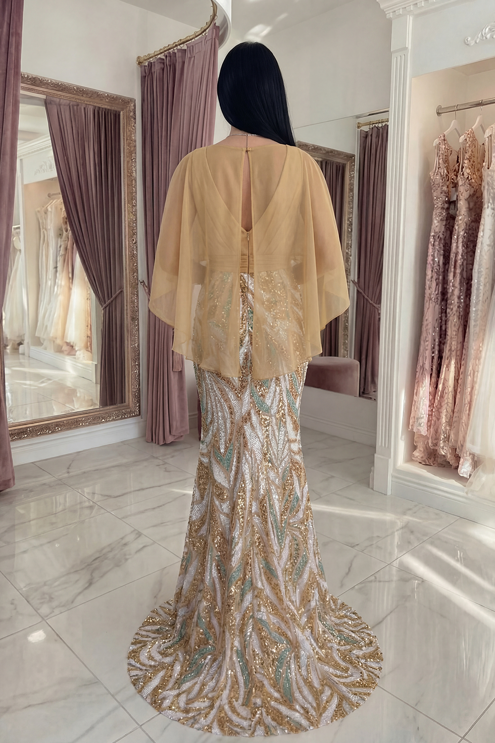 Sparkly Champagne Sequin Mermaid Long Gala Dress with 3D Flower