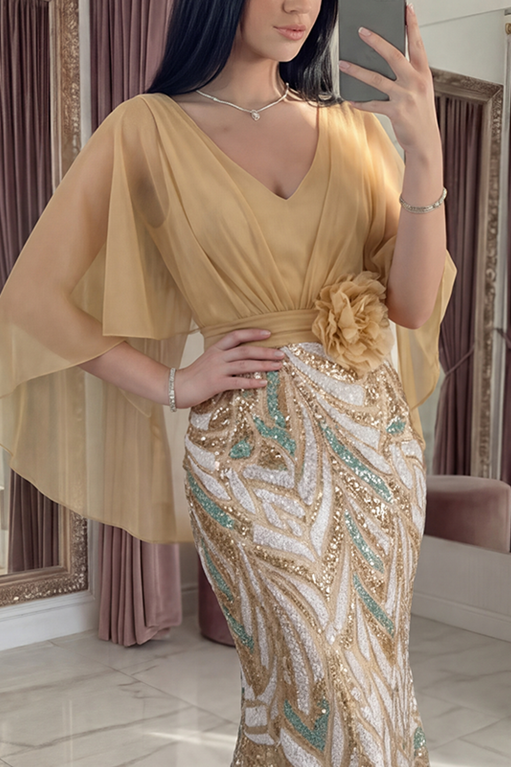 Sparkly Champagne Sequin Mermaid Long Gala Dress with 3D Flower