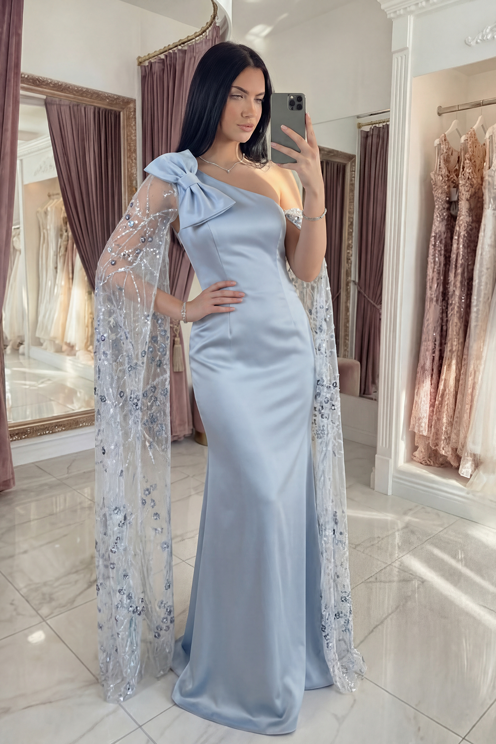 Sky Blue Floral Long Sequin Mermaid Gala Dress with Cape