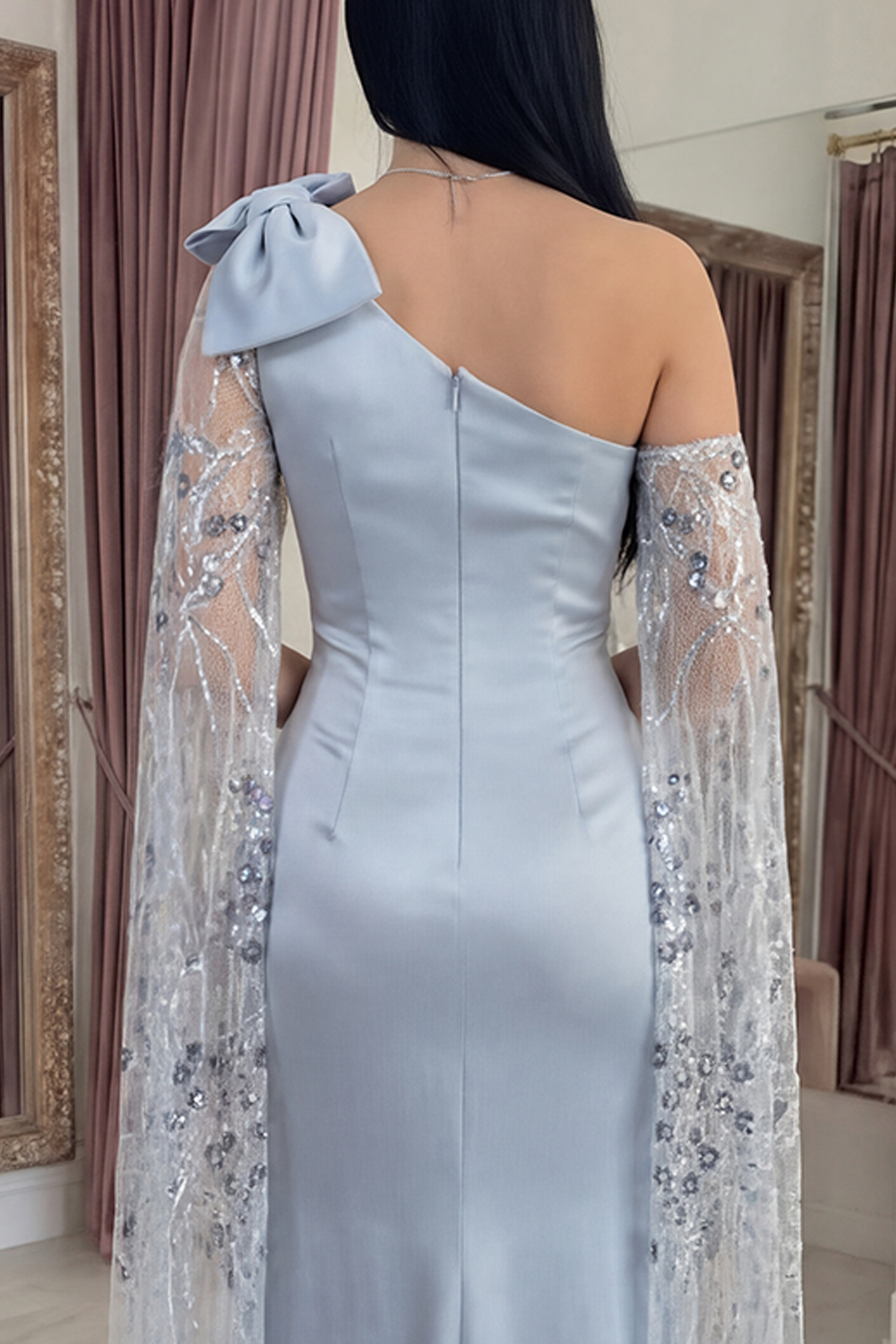 Sky Blue Floral Long Sequin Mermaid Gala Dress with Cape