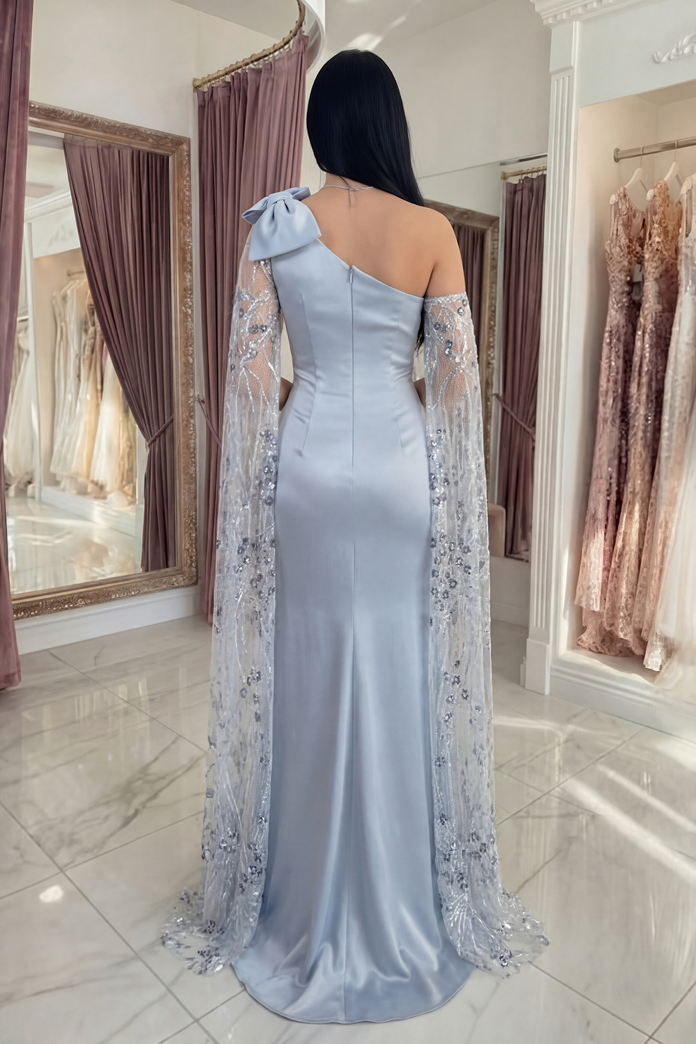 Sky Blue Floral Long Sequin Mermaid Gala Dress with Cape