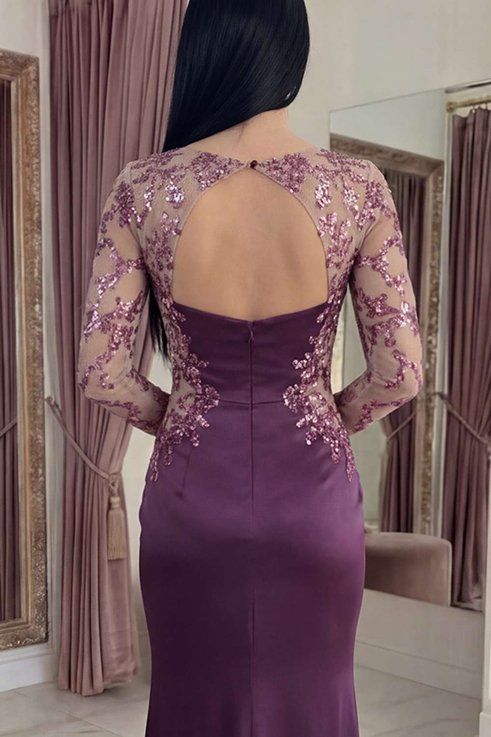 Dark Purple Floral Long Sequin Mermaid Bateau Neck Gala Dress