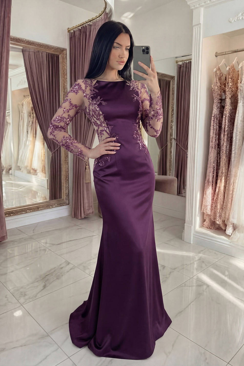 Dark Purple Floral Long Sequin Mermaid Bateau Neck Gala Dress