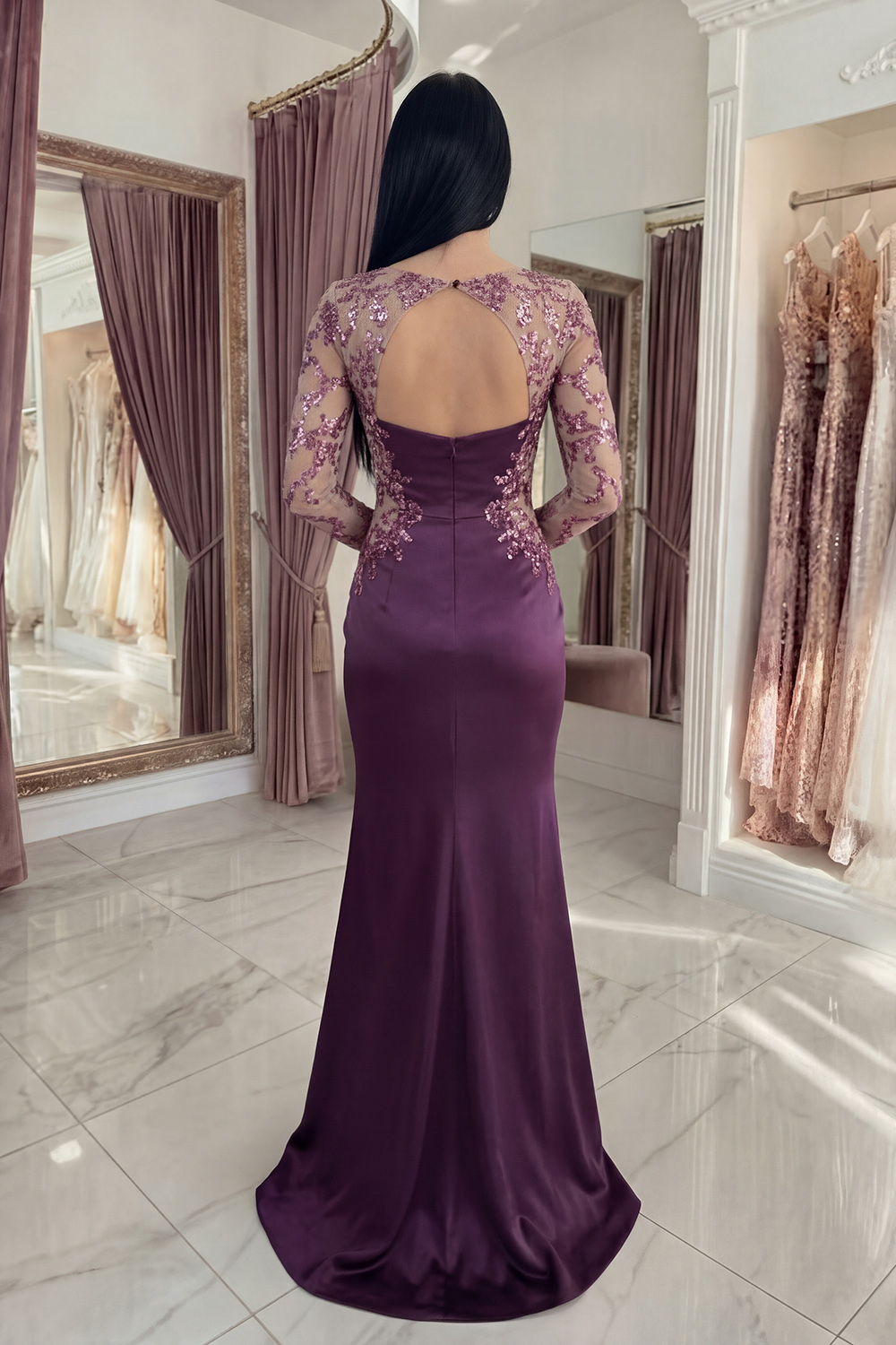 Dark Purple Floral Long Sequin Mermaid Bateau Neck Gala Dress