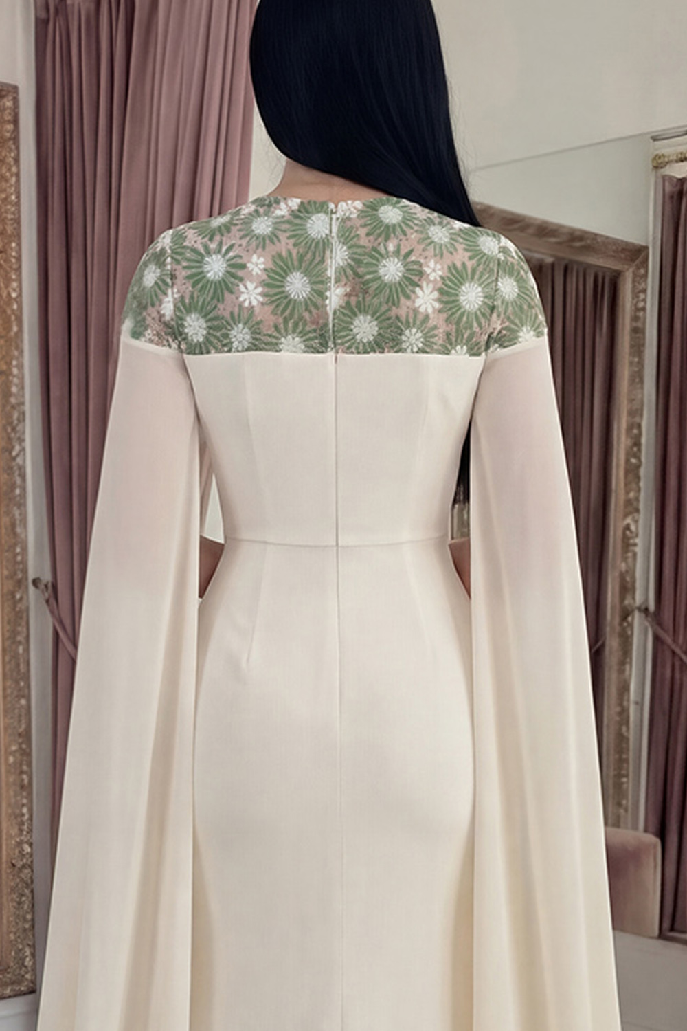 Ivory Floral Long Round Neck Mermaid Gala Dress with Cape