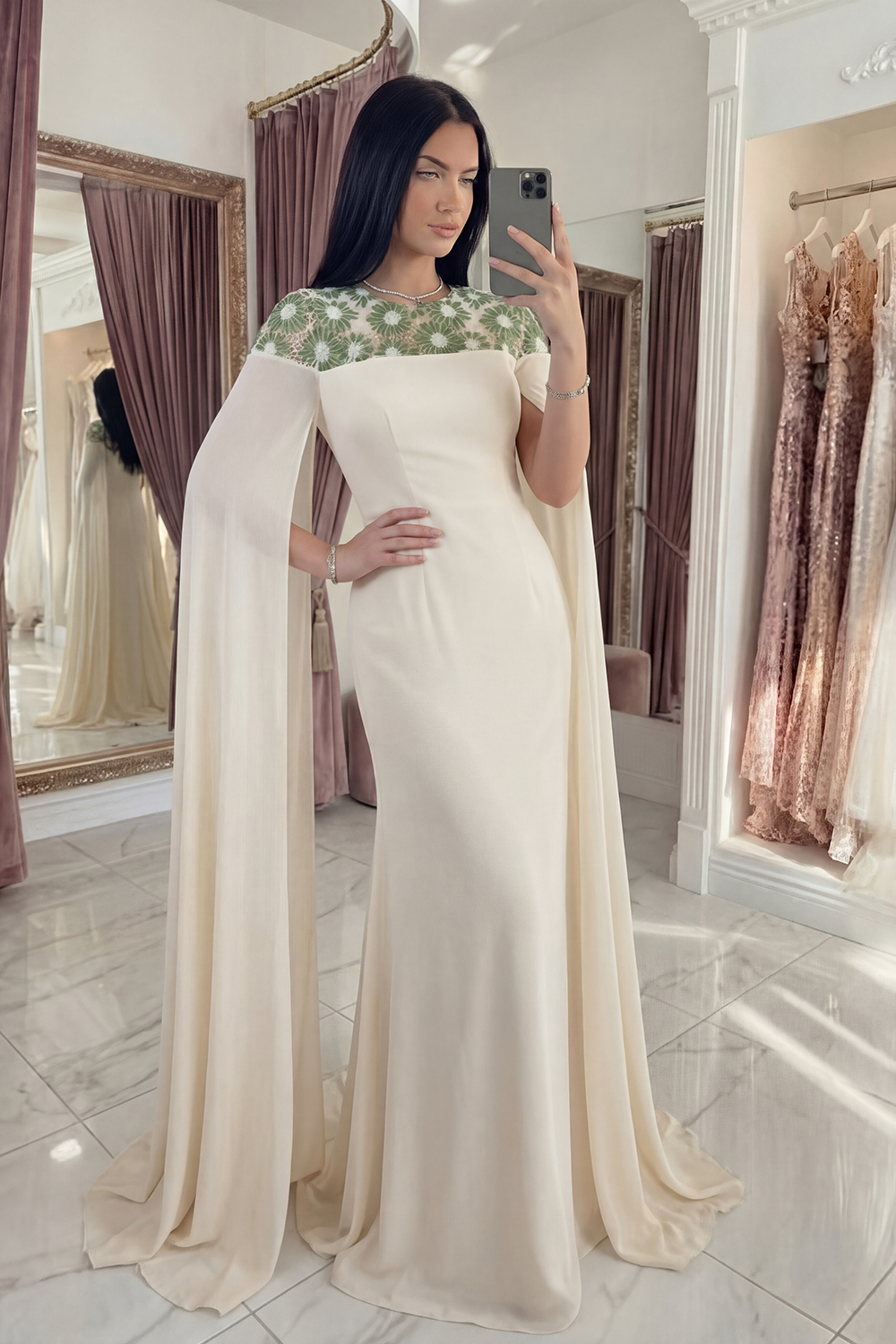 Ivory Floral Long Round Neck Mermaid Gala Dress with Cape