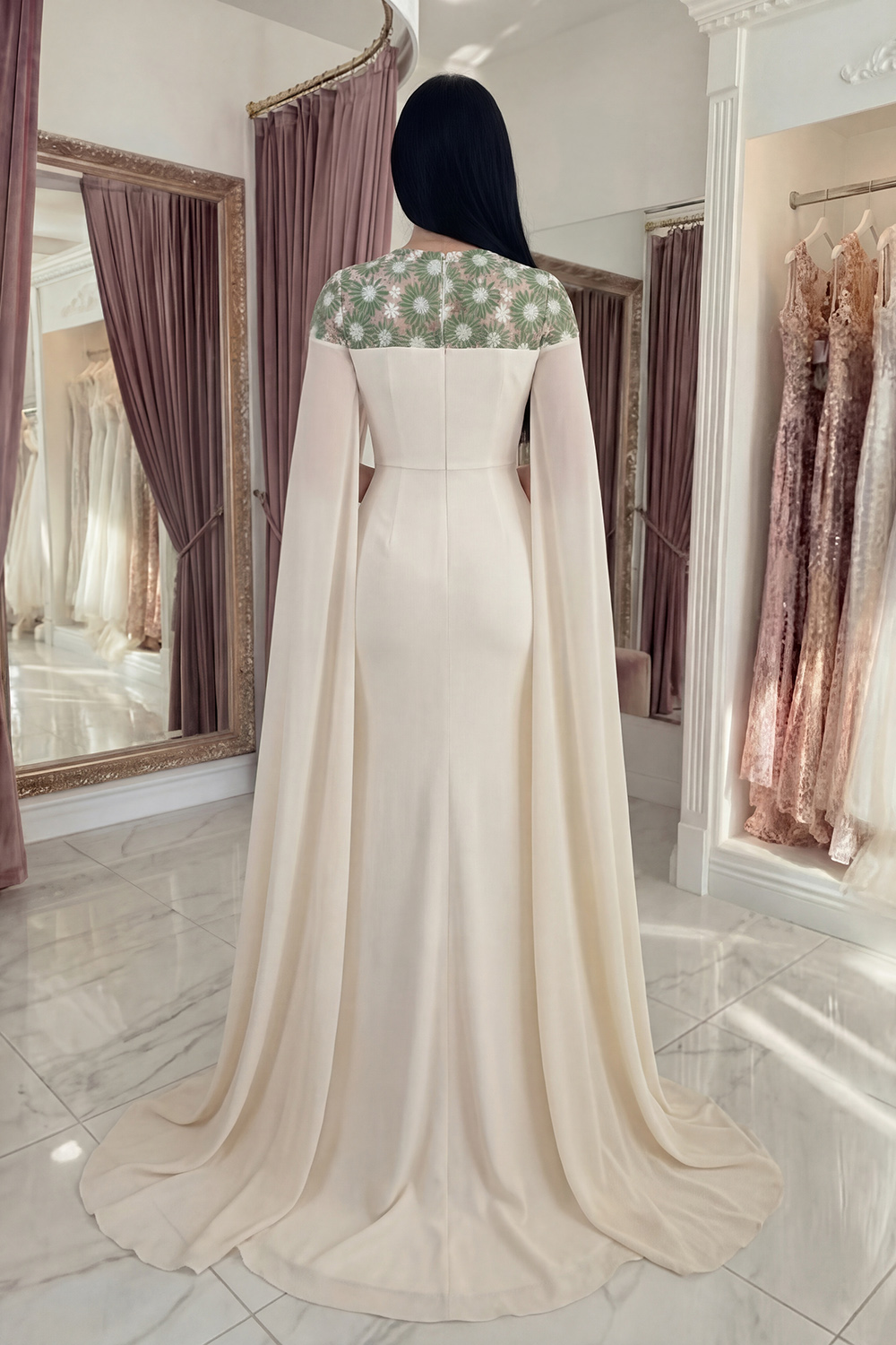 Ivory Floral Long Round Neck Mermaid Gala Dress with Cape