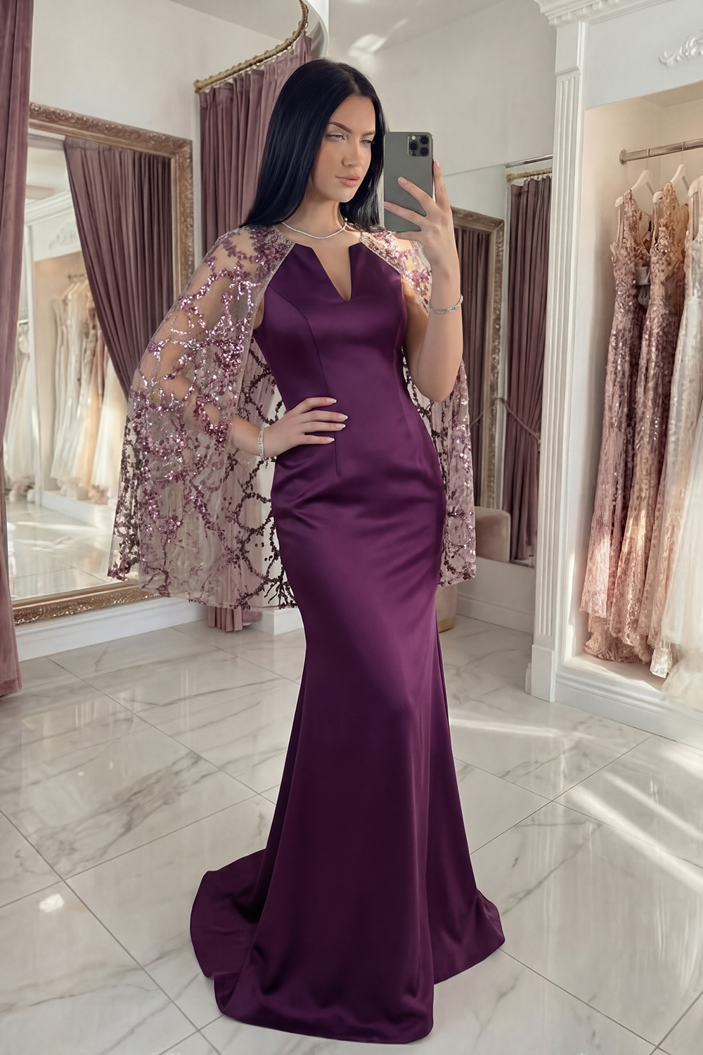 Sparkly Dark Purple Long Mermaid Floral Evening Dress with Cape