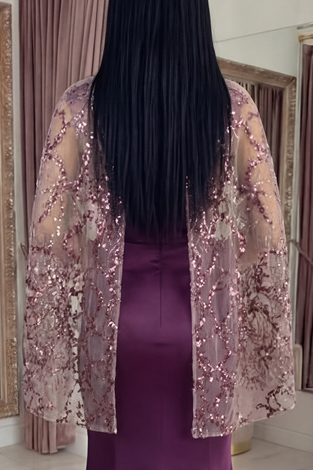 Sparkly Dark Purple Long Mermaid Floral Evening Dress with Cape