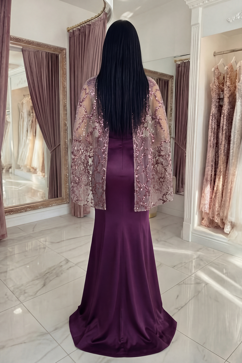 Sparkly Dark Purple Long Mermaid Floral Evening Dress with Cape