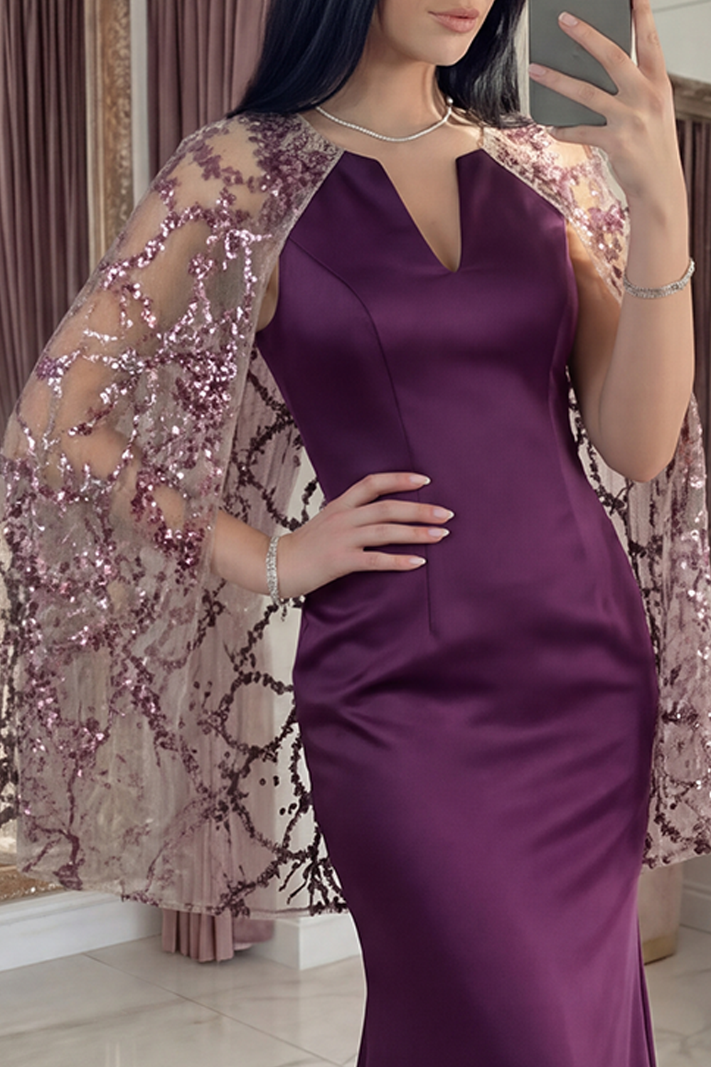 Sparkly Dark Purple Long Mermaid Floral Evening Dress with Cape