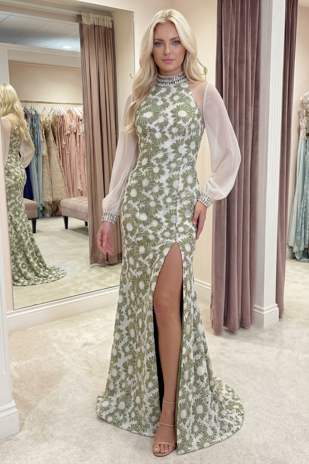 Green Floral Long Mermaid High Neck Gala Dress with Slit