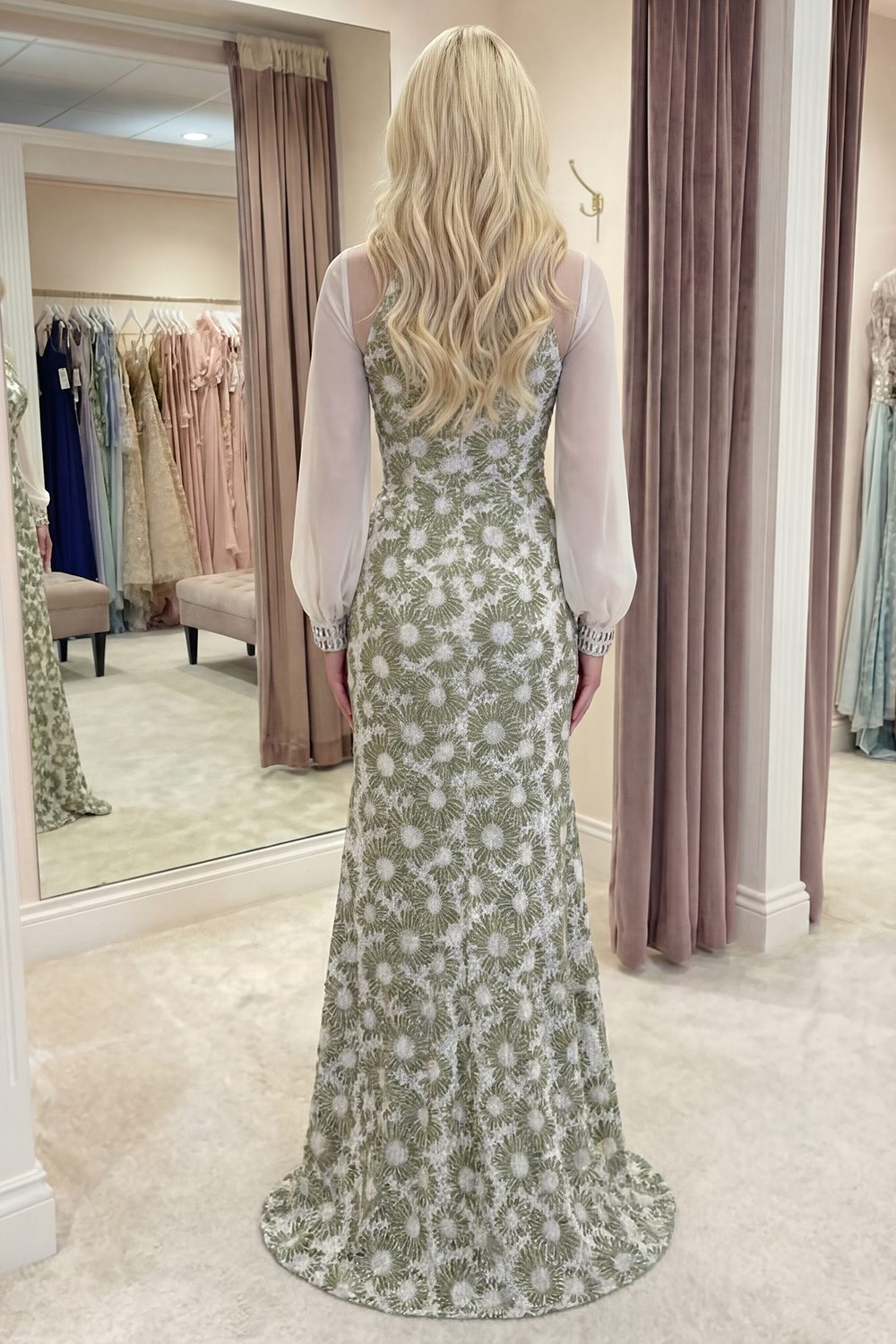 Green Floral Long Mermaid High Neck Gala Dress with Slit