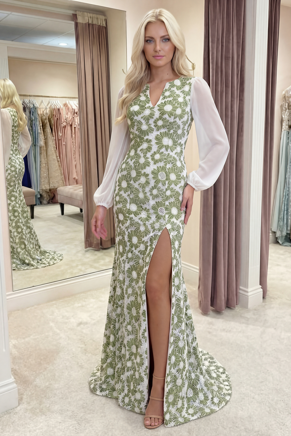 Green Floral Long Sleeves Mermaid Gala Dress with Slit