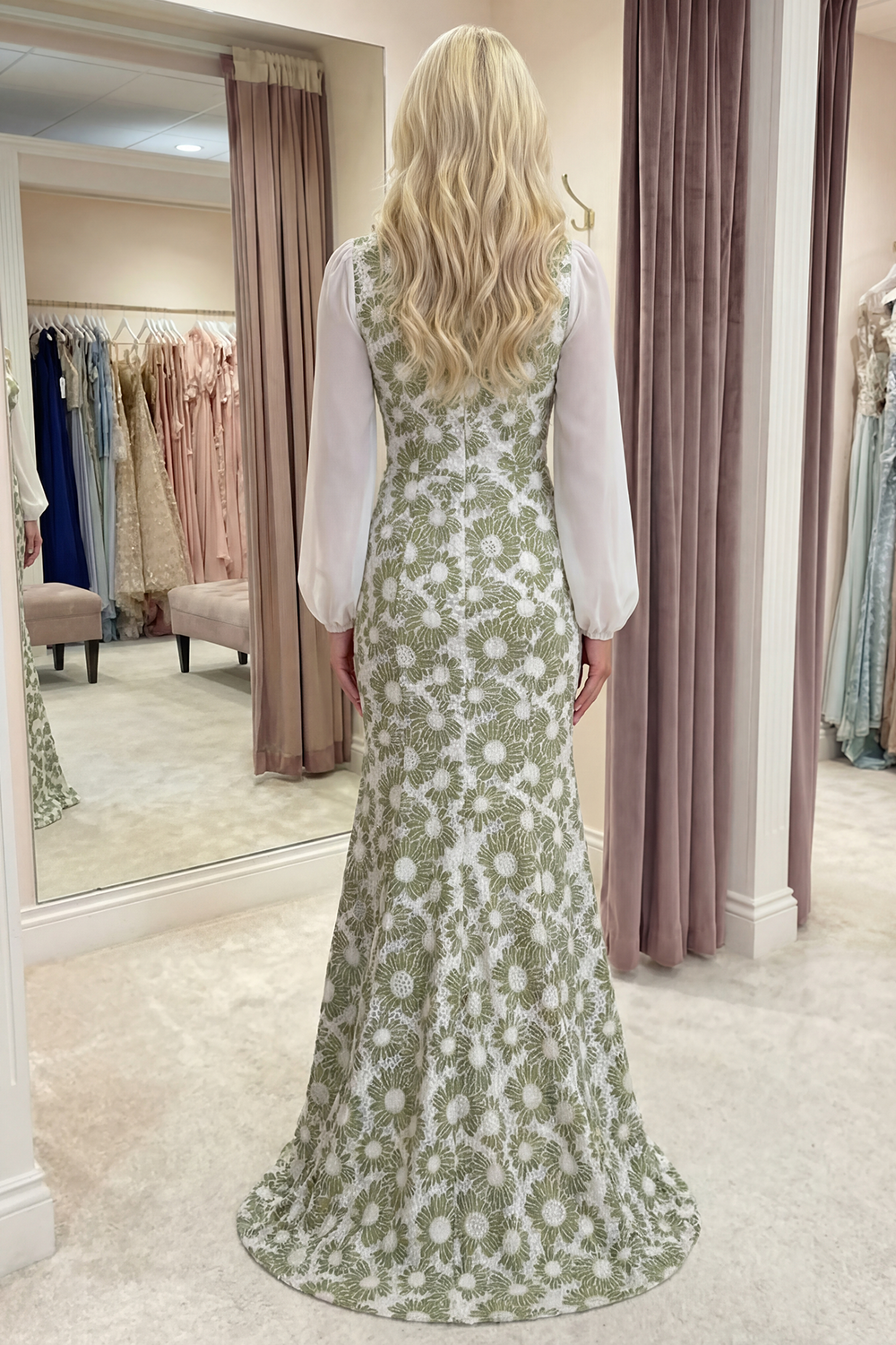 Green Floral Long Sleeves Mermaid Gala Dress with Slit
