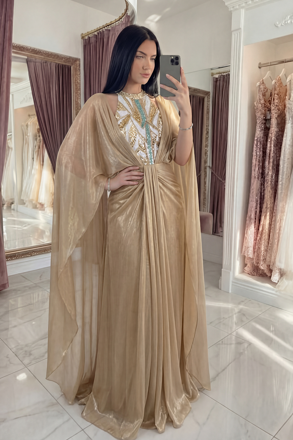 Sparkly Champagne Sequin Ruched Long Sheath Gala Dress with Cape