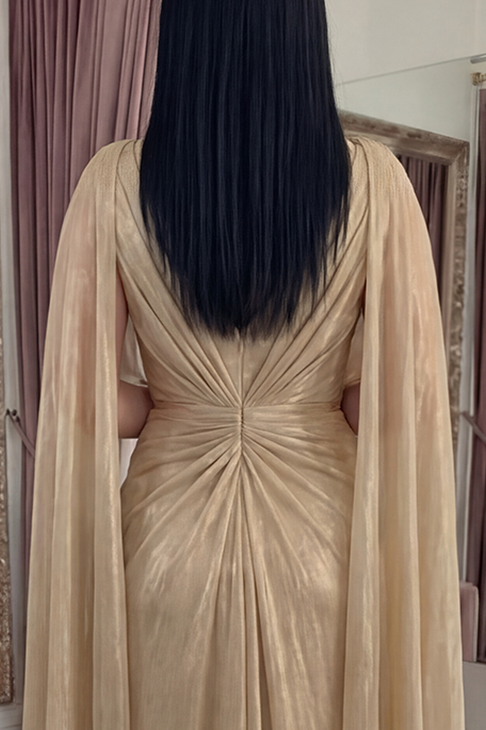 Sparkly Champagne Sequin Ruched Long Sheath Gala Dress with Cape