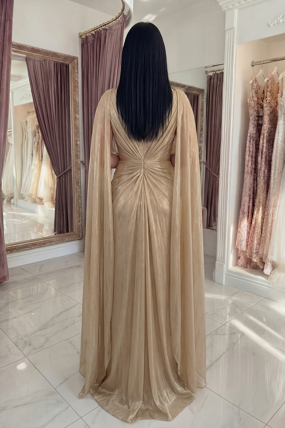 Sparkly Champagne Sequin Ruched Long Sheath Gala Dress with Cape