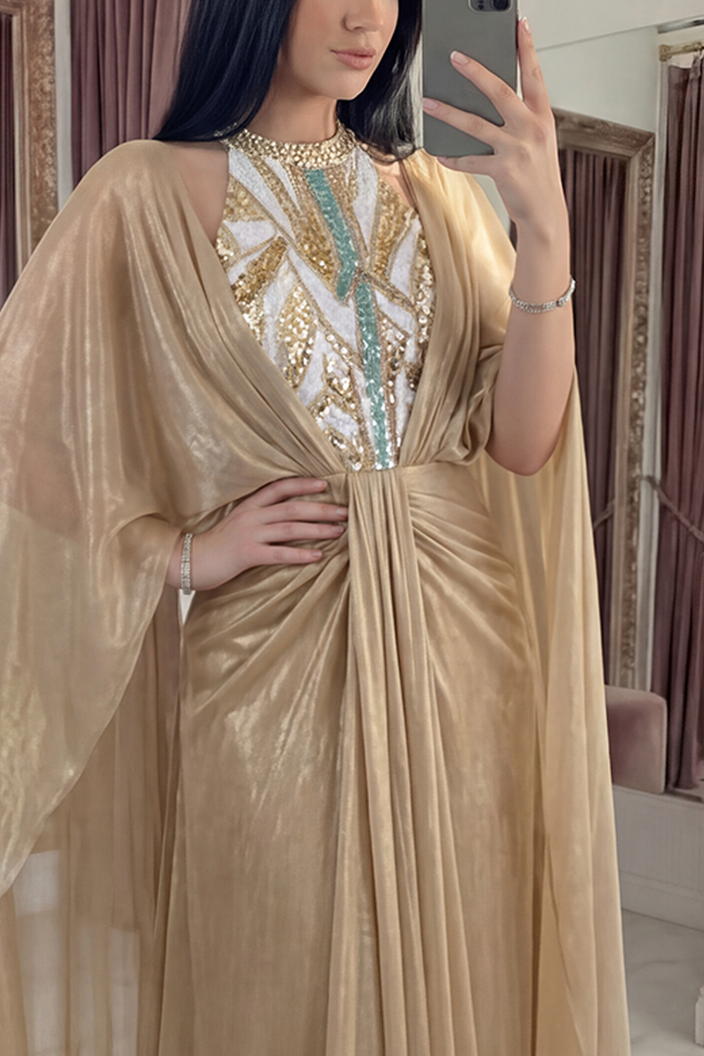 Sparkly Champagne Sequin Ruched Long Sheath Gala Dress with Cape