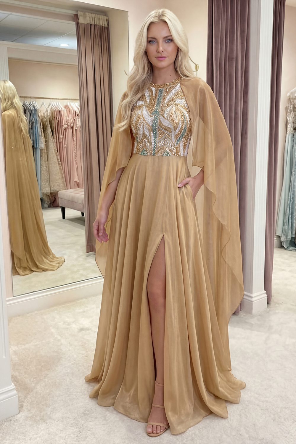 Sparkly A Line Sequin Champagne Long Gala Dress with Cape