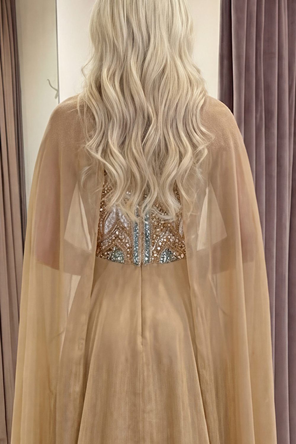 Sparkly A Line Sequin Champagne Long Gala Dress with Cape