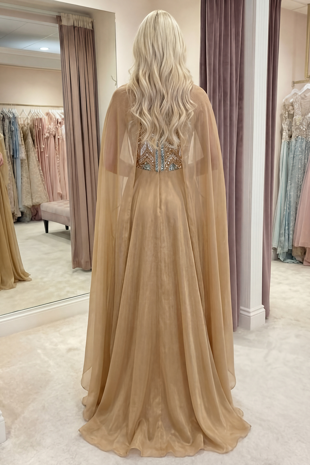 Sparkly A Line Sequin Champagne Long Gala Dress with Cape