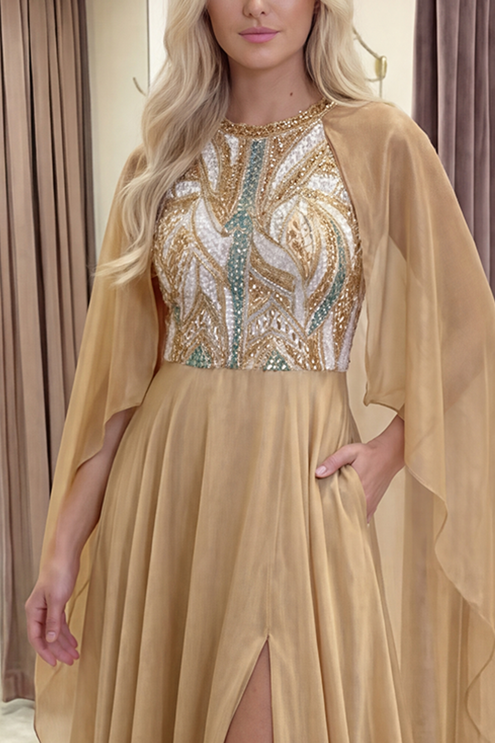 Sparkly A Line Sequin Champagne Long Gala Dress with Cape