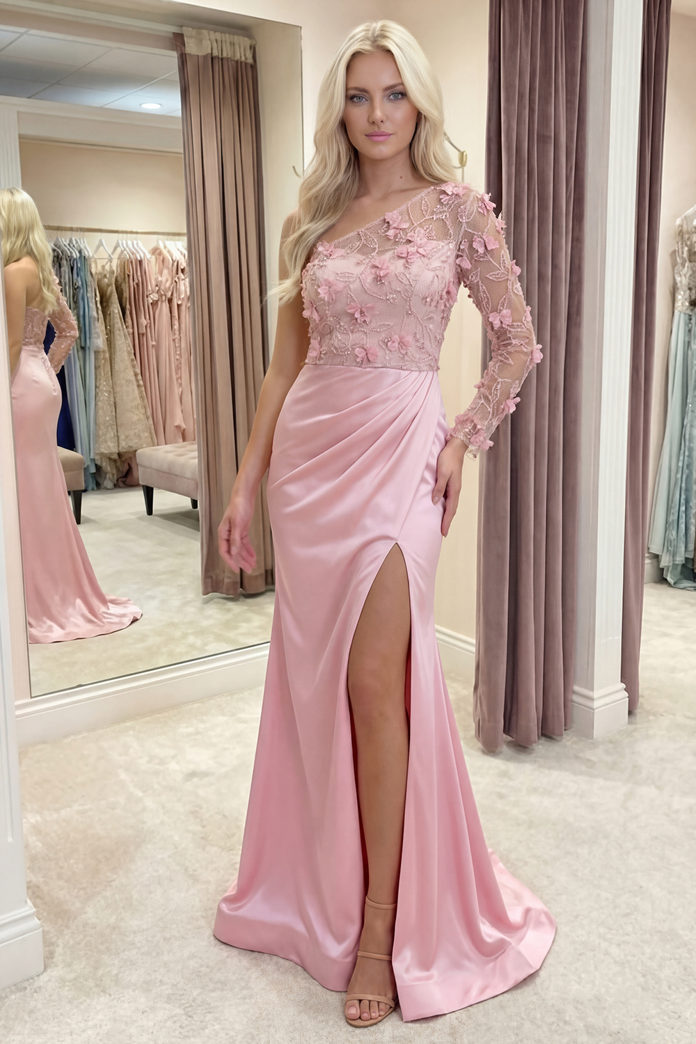 Dusty Rose Mermaid One Shoulder Long Floral Gala Dress with Slit