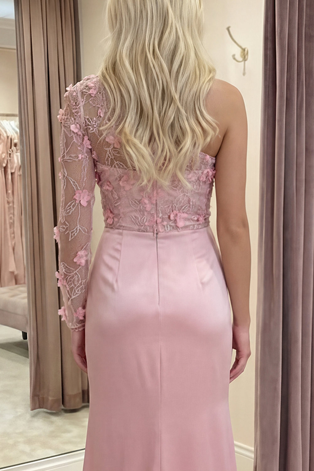 Dusty Rose Mermaid One Shoulder Long Floral Gala Dress with Slit