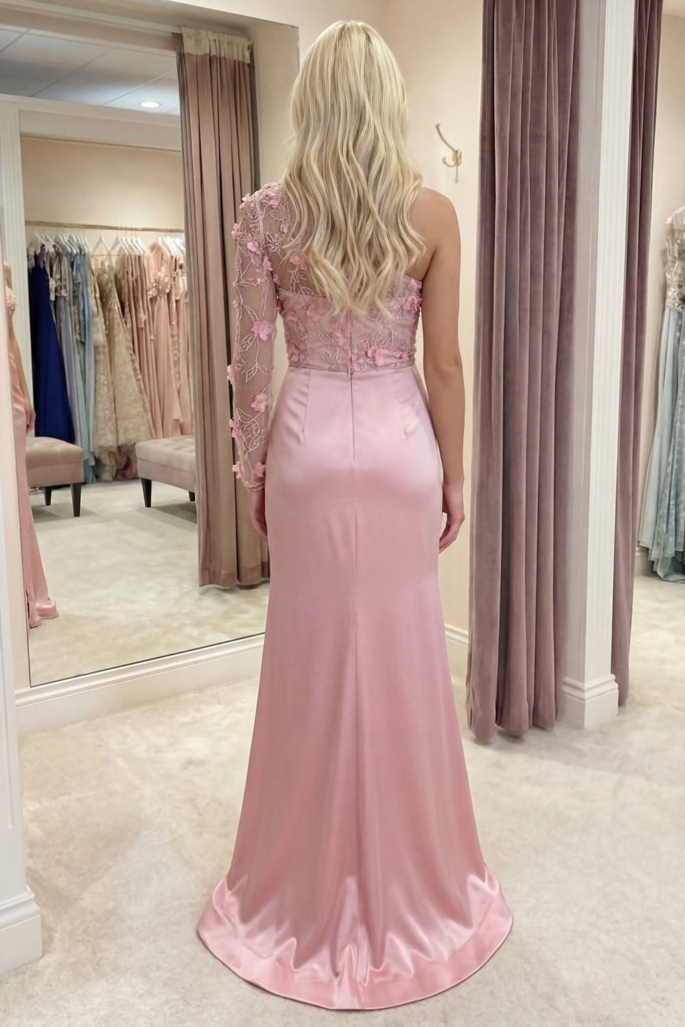 Dusty Rose Mermaid One Shoulder Long Floral Gala Dress with Slit
