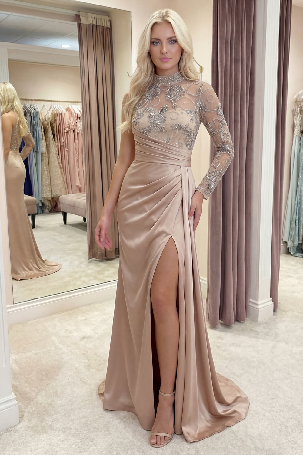 Champagne Floral Long Sheath Gala Dress with Side Cape