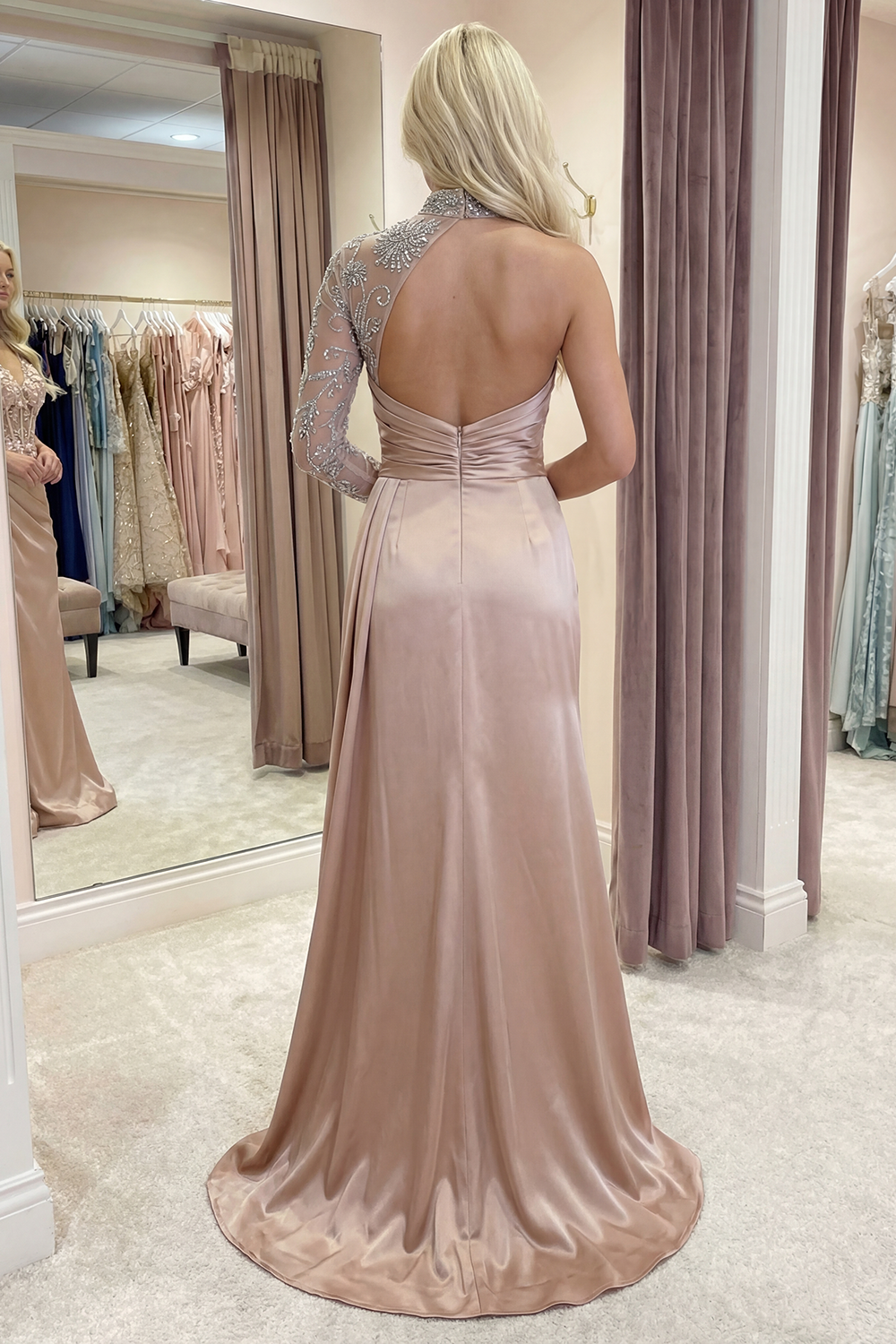 Champagne Floral Long Sheath Gala Dress with Side Cape