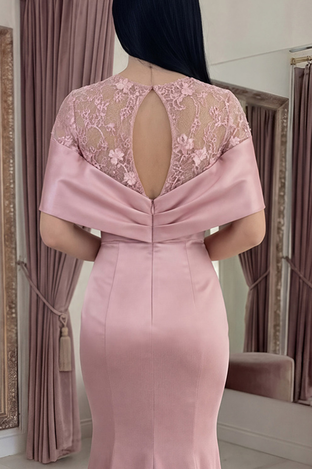 Pink Mermaid Floral Round Neck Satin Long Formal Dress